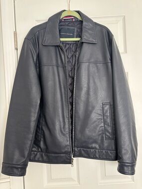 NEVER WORN! Tommy Hilfiger NAVY Quilted-Lined Faux Leather Bomber Jacket, LARGE